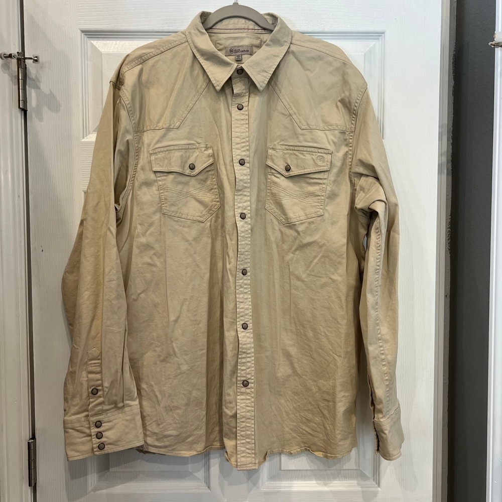 Blue Ranchwear Western Snap Shirt Cotton Twill Khaki Tan XXL Cowboy Americana